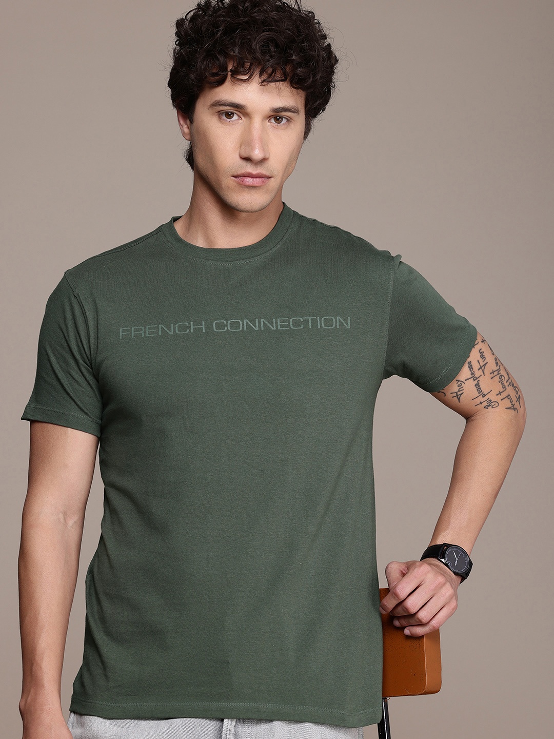

French Connection Pure Cotton Brand Logo Printed T-shirt, Olive