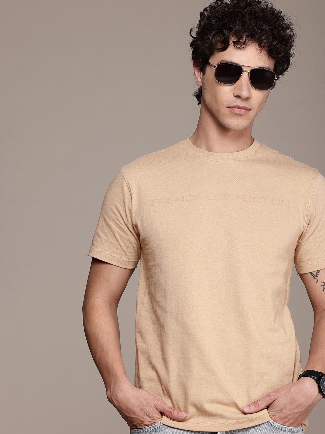 

French Connection Pure Cotton Brand Logo Printed T-shirt, Beige
