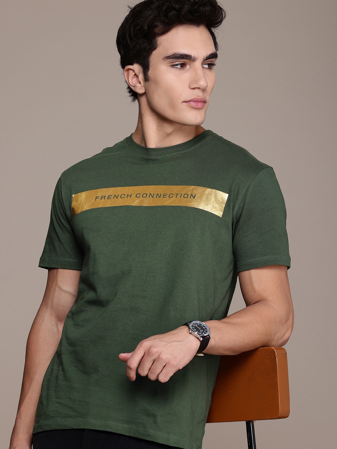 

French Connection Brand Logo Printed Pure Cotton T-shirt, Olive