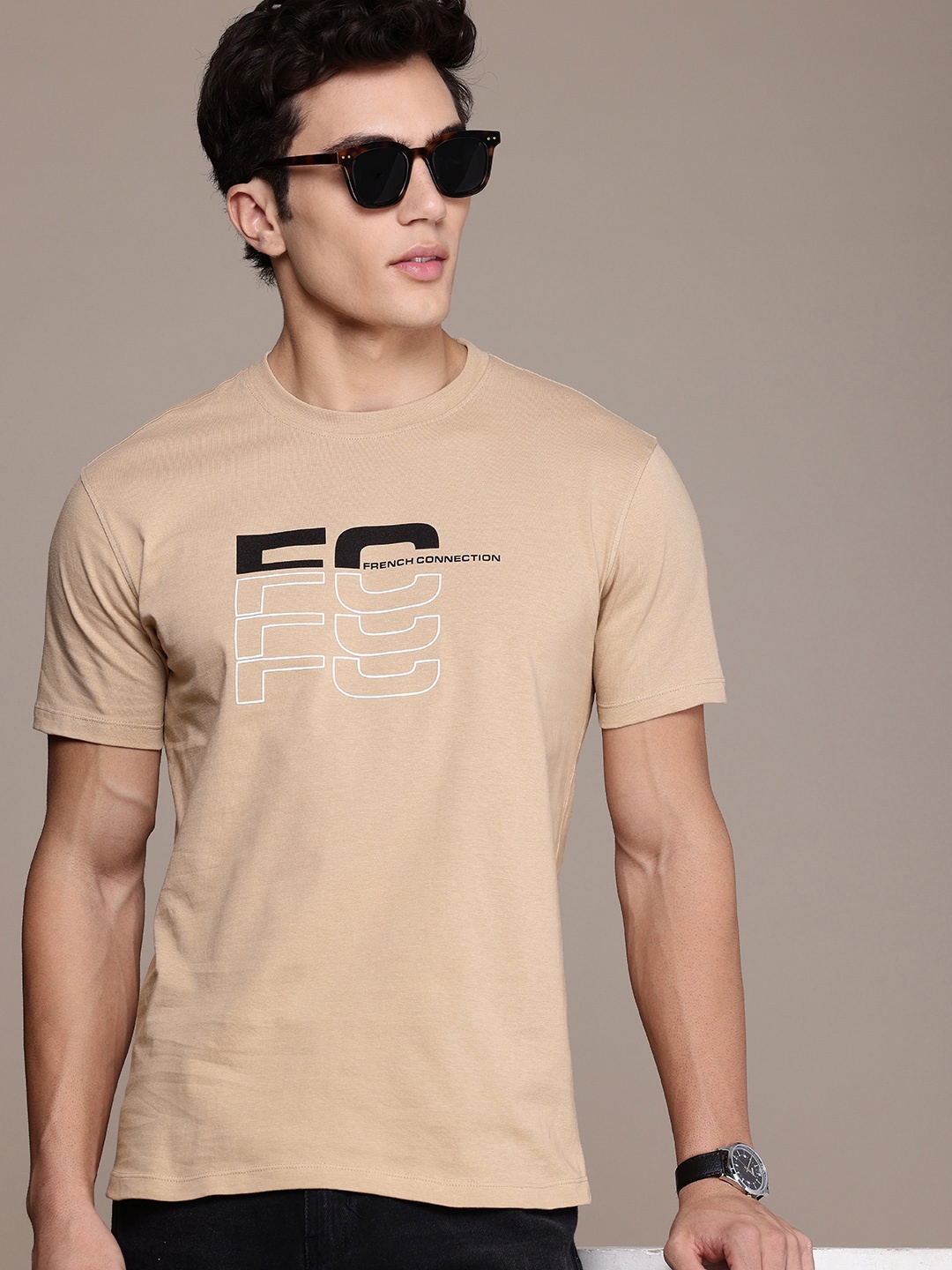 

French Connection Pure Cotton Brand Logo Printed T-shirt, Beige