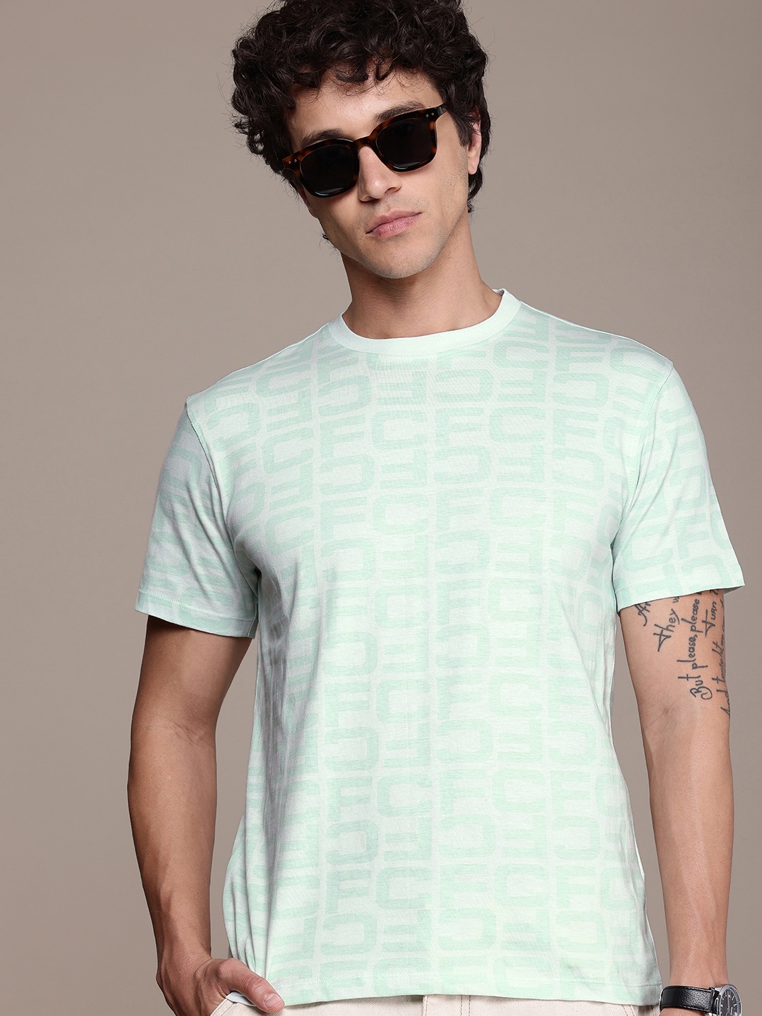 

French Connection Typography Printed Pure Cotton T-shirt, Green