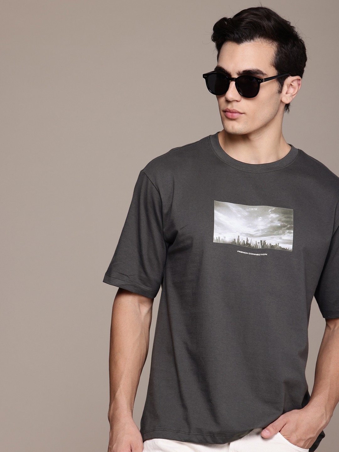 

French Connection Graphic Printed Drop-Shoulder Sleeves Pure Cotton Relaxed Fit T-shirt, Grey