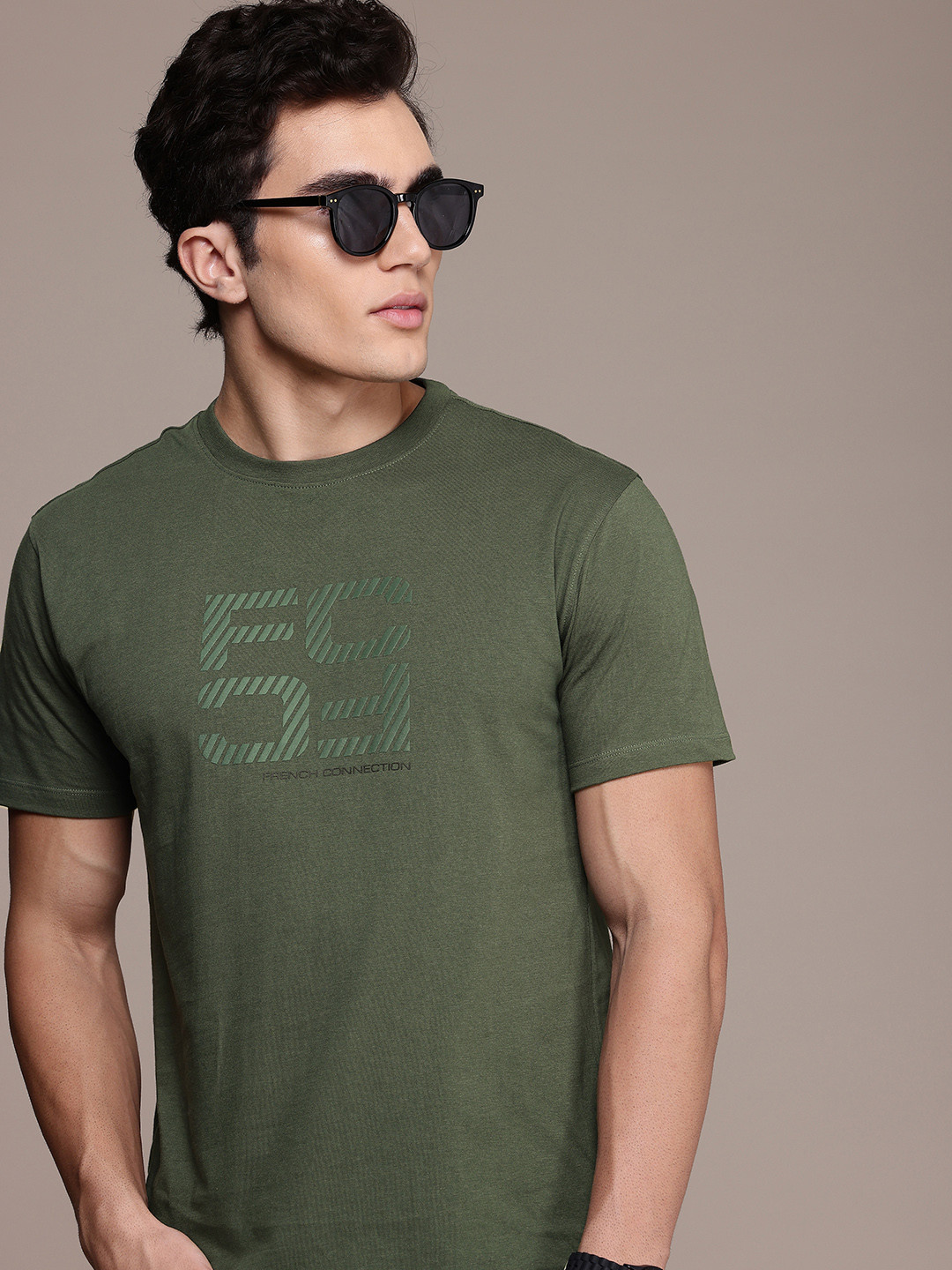 

French Connection Pure Cotton Brand Logo Printed T-shirt, Olive