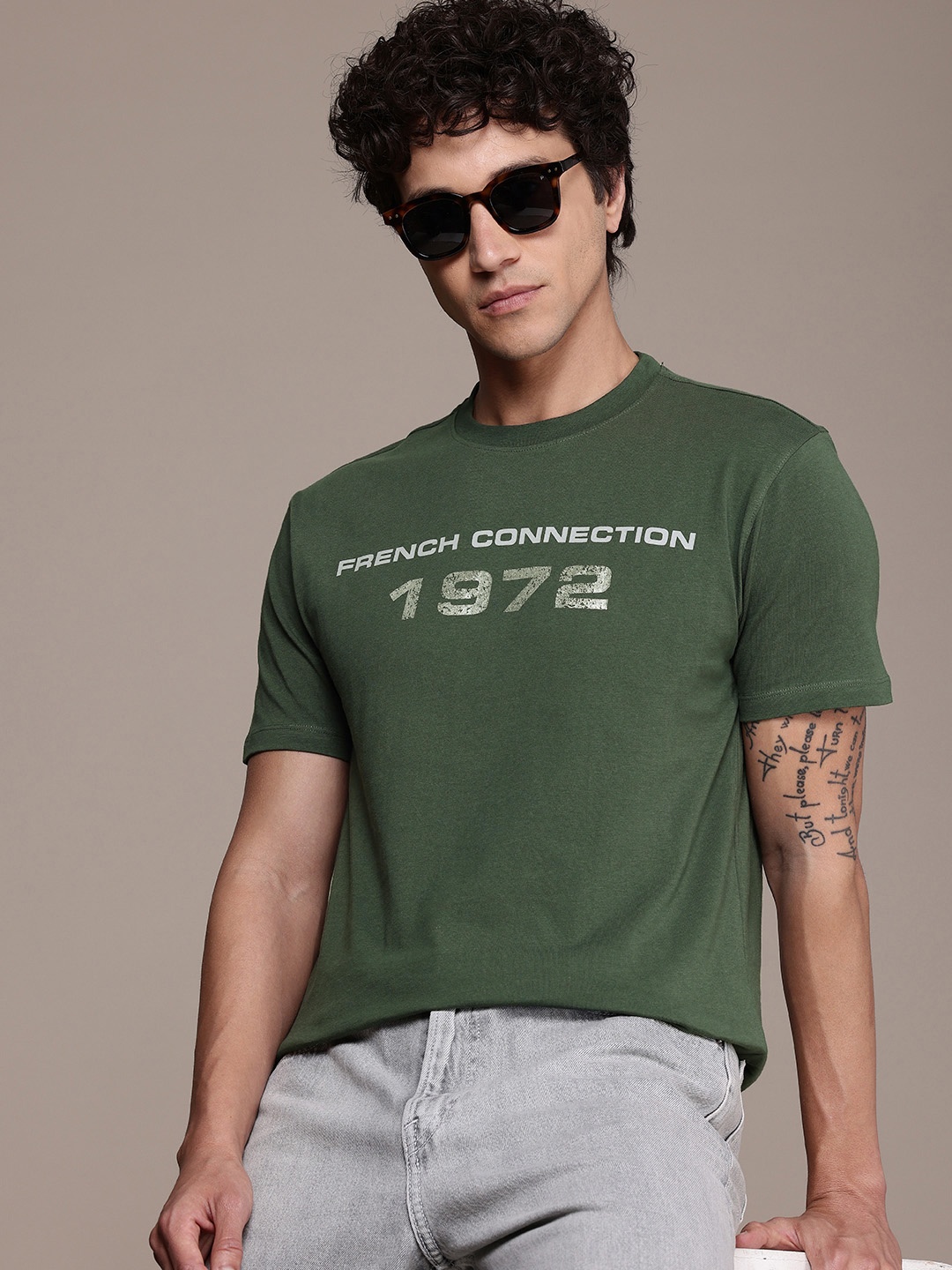 

French Connection Typography Printed Pure Cotton T-shirt, Green