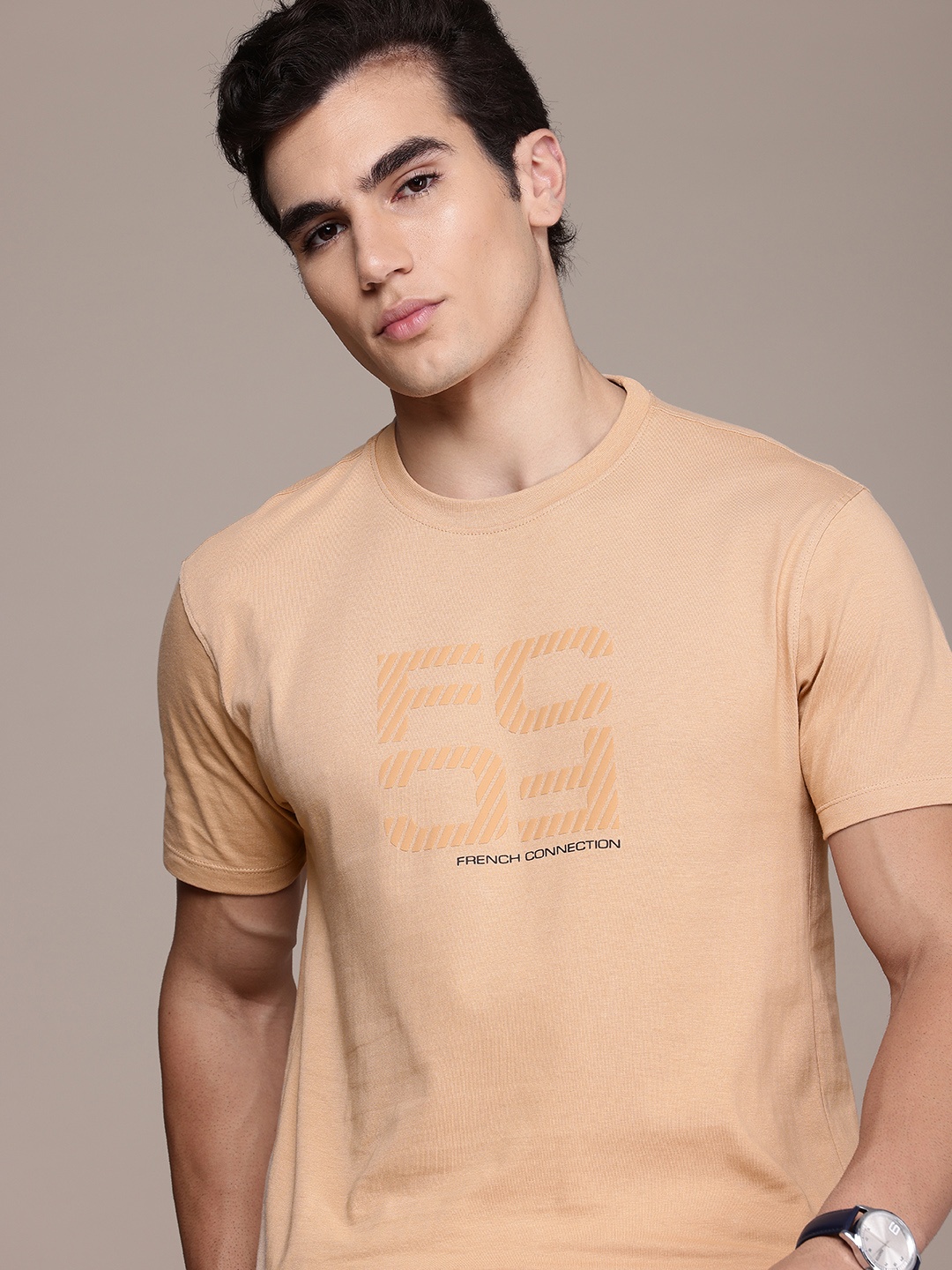 

French Connection Pure Cotton Brand Logo Printed T-shirt, Beige