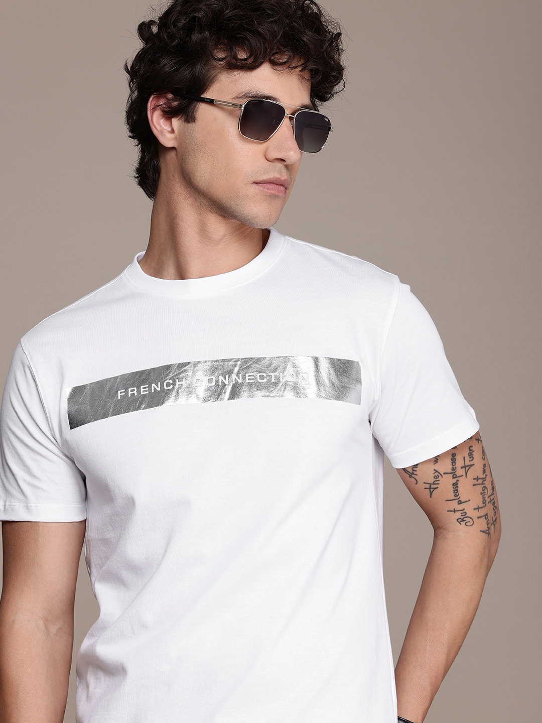 

French Connection Brand Logo Printed Pure Cotton T-shirt, White