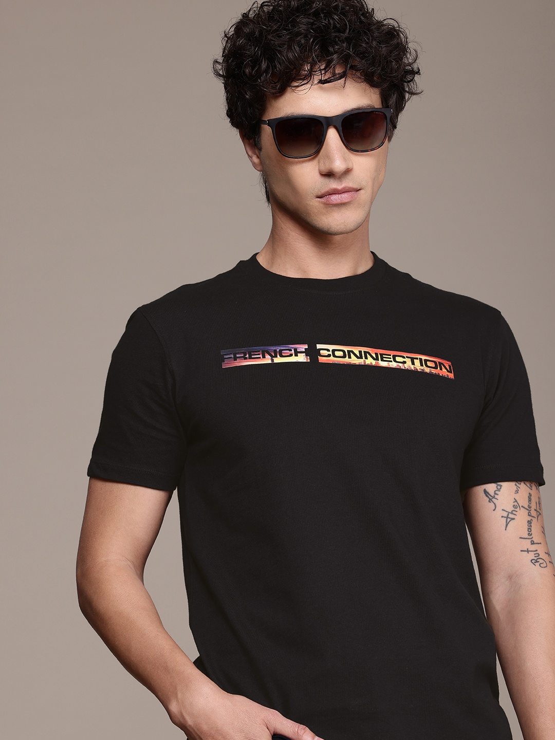 

French Connection Brand Logo Printed Pure Cotton T-shirt, Black