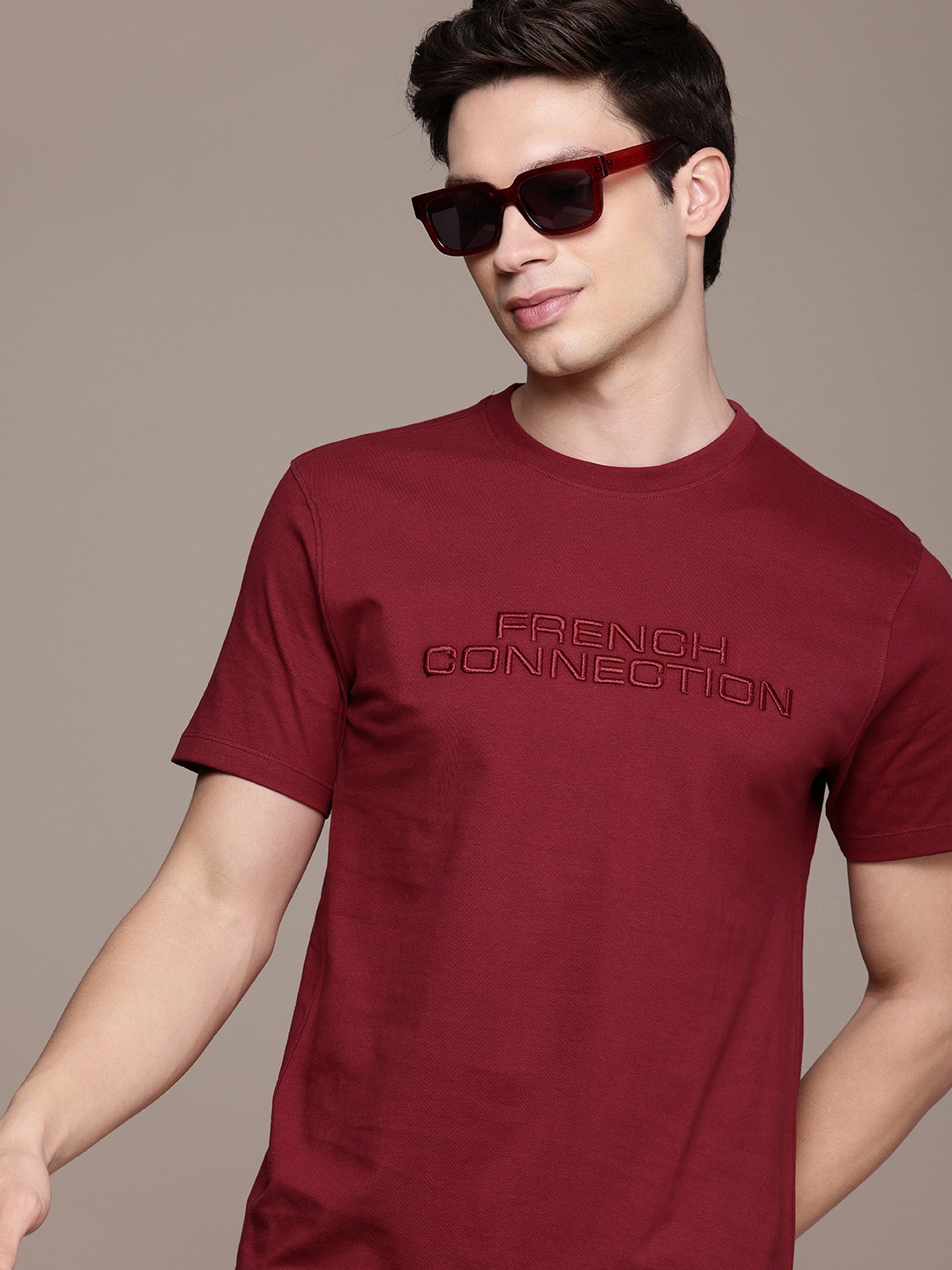 

French Connection Brand Logo Printed Pure Cotton T-shirt, Maroon