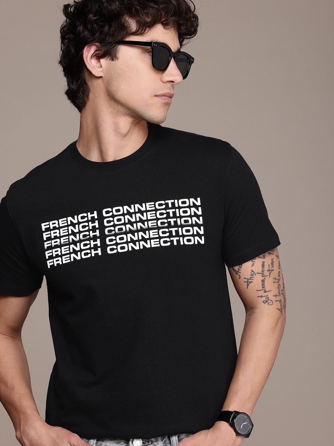 

French Connection Brand Logo Printed Pure Cotton T-shirt, Black