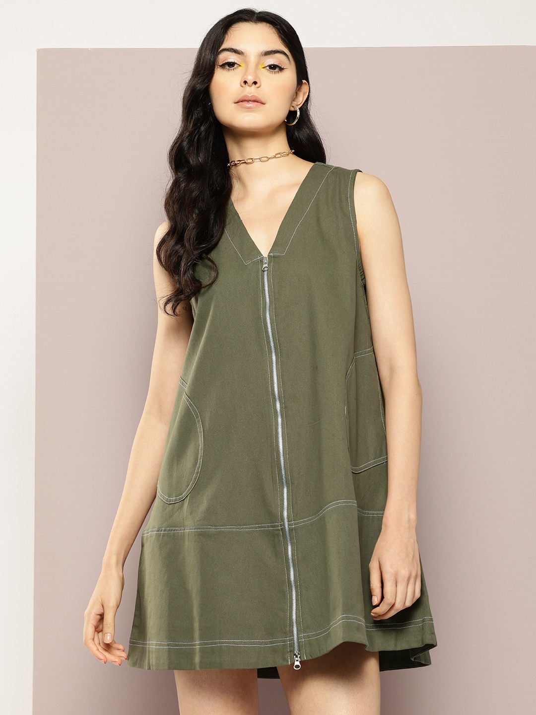 

Kook N Keech Pure Cotton A-Line Sleeveless Dress, Olive