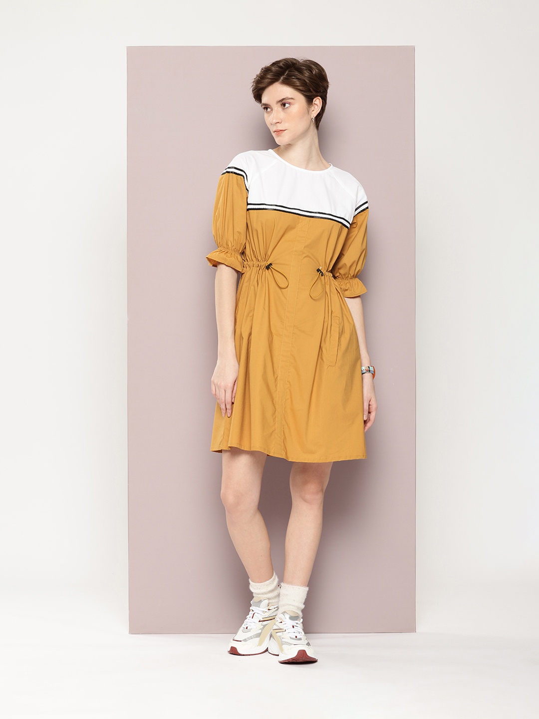 

Kook N Keech Pure Cotton Colourblocked Bell Sleeve A-Line Dress, Khaki