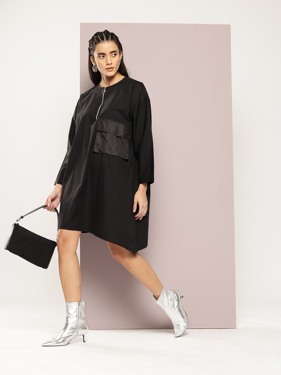 

Kook N Keech Cargo Pocket Half Zipper T-shirt Dress, Black