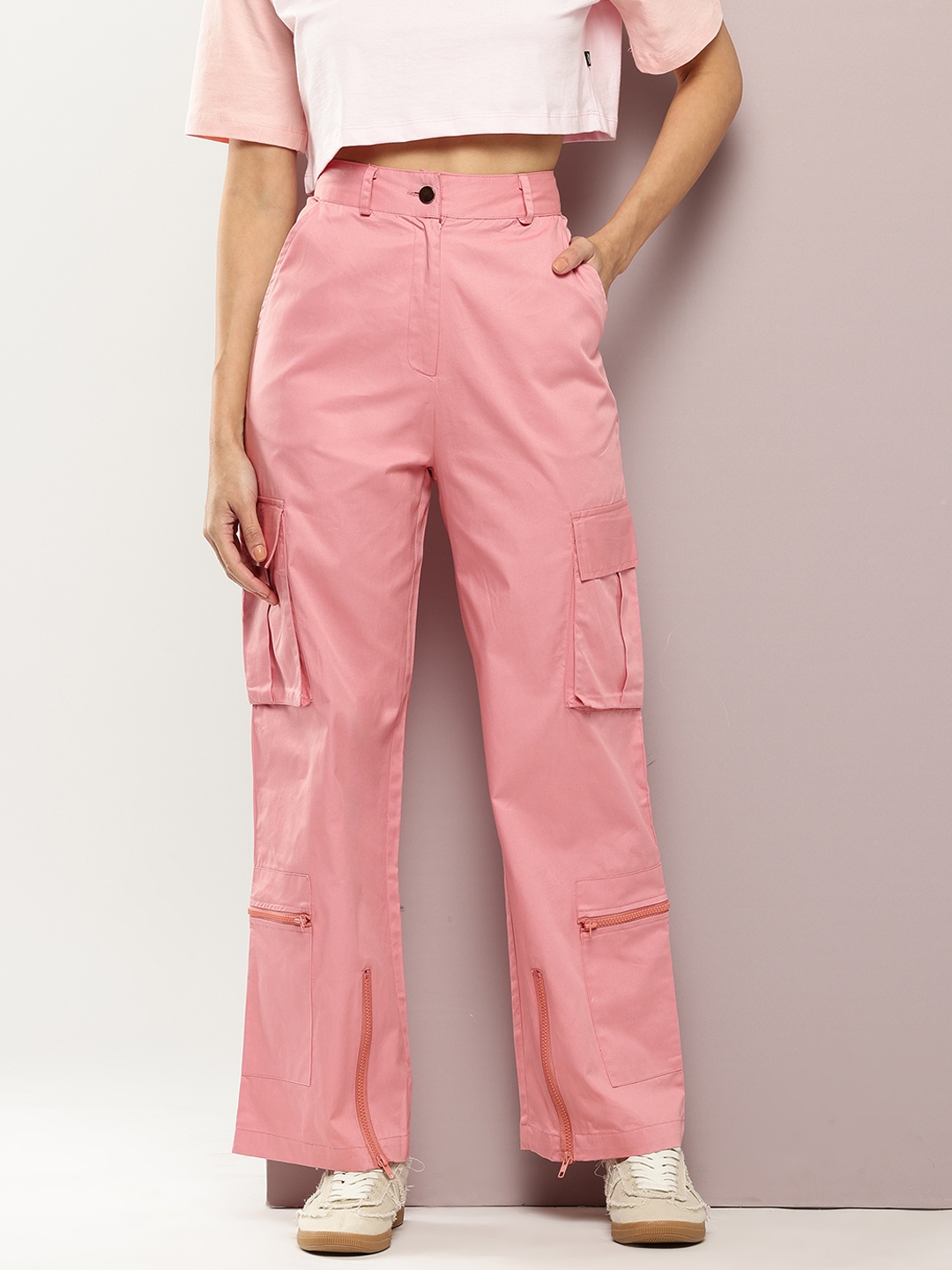

Kook N Keech Women High-Rise Cargos Trousers, Pink