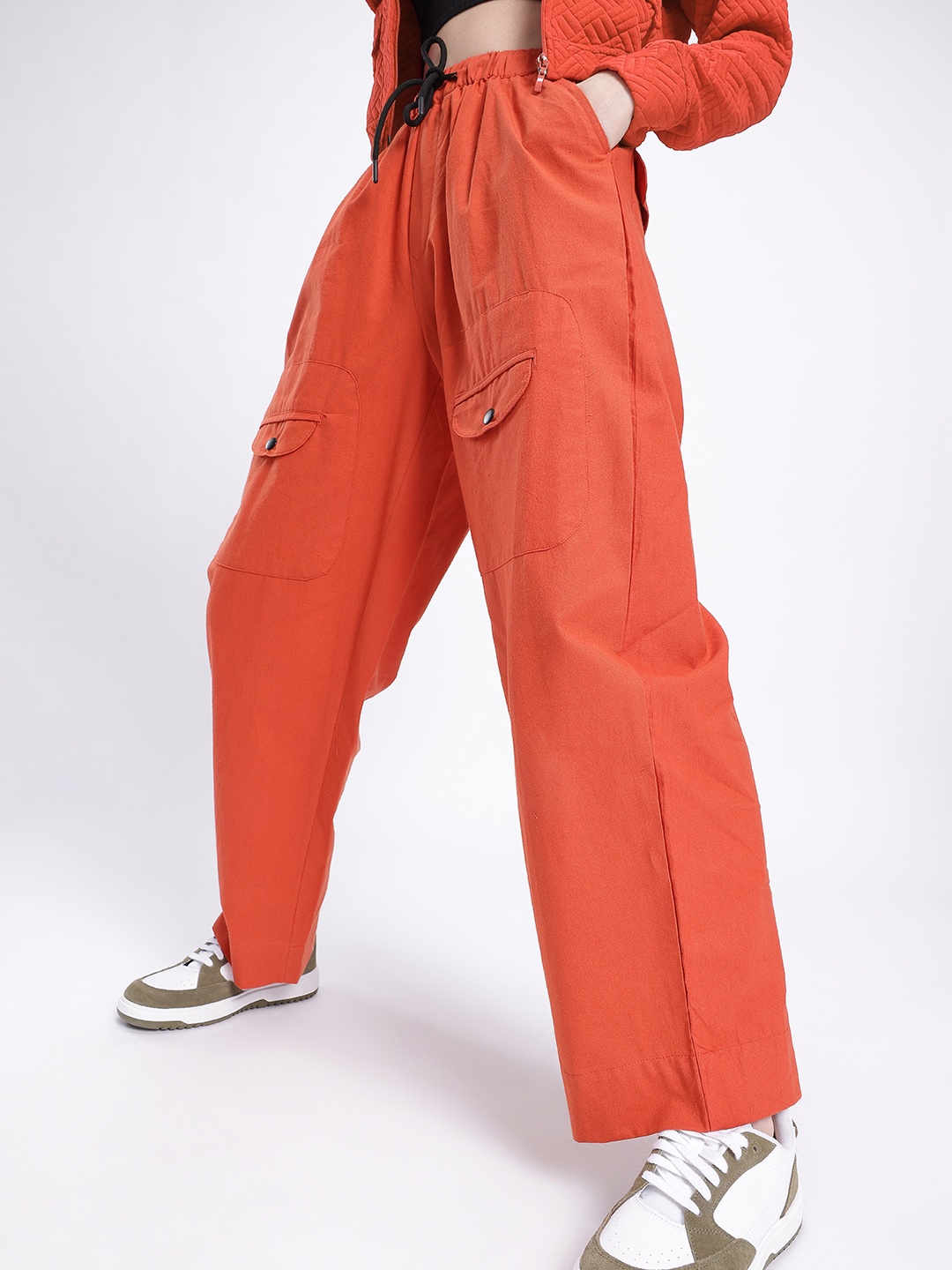 

Kook N Keech Women Street Swag Straight Fit Cargos Trousers, Orange