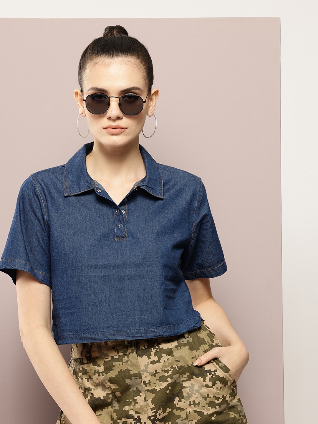 

Kook N Keech Polo Collar Pure Cotton Chambray T-shirt, Navy blue
