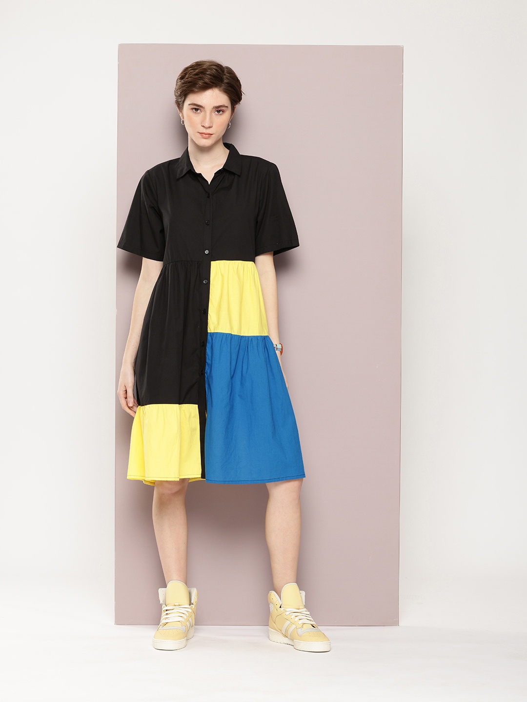 Kook N Keech Pure Cotton Colourblocked A-Line Dress, Black