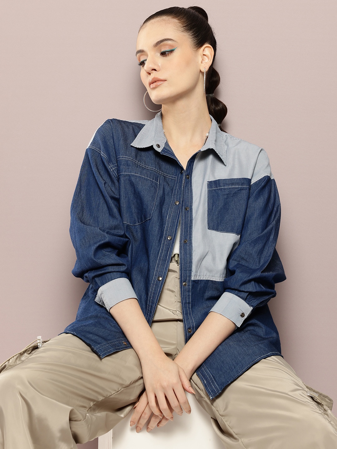 

Kook N Keech Women Colourblocked Pure Cotton Chambray Casual Shirt, Navy blue