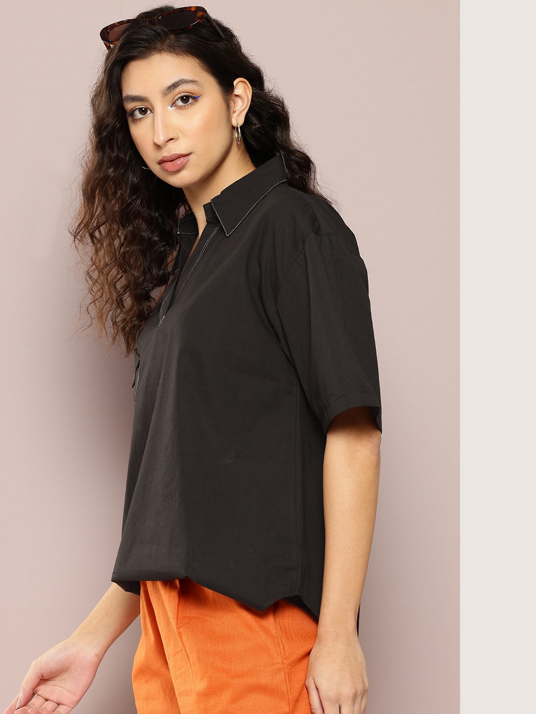 

Kook N Keech Pure Cotton Shirt Style Longline Top, Black