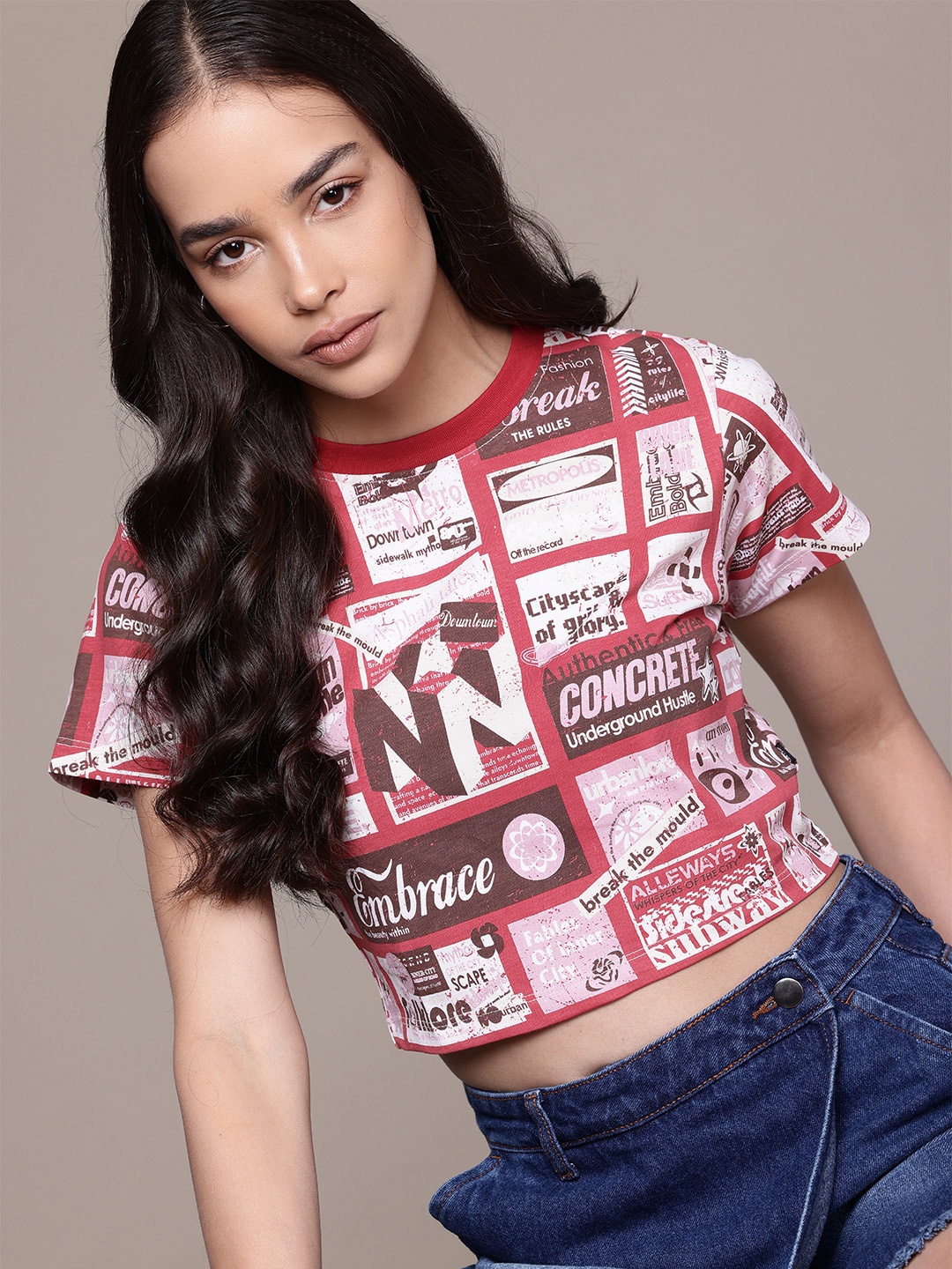 

The Roadster Lifestyle Co. Printed Pure Cotton Crop T-shirt, Beige