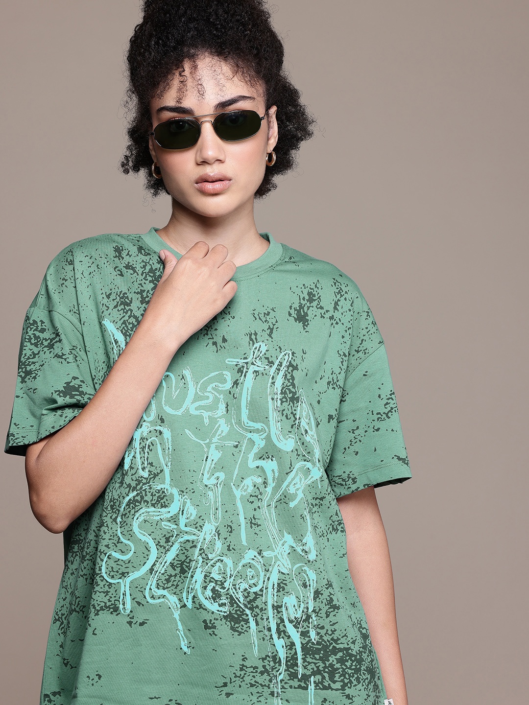 

The Roadster Lifestyle Co. Printed Oversized Pure Cotton T-shirt, Green