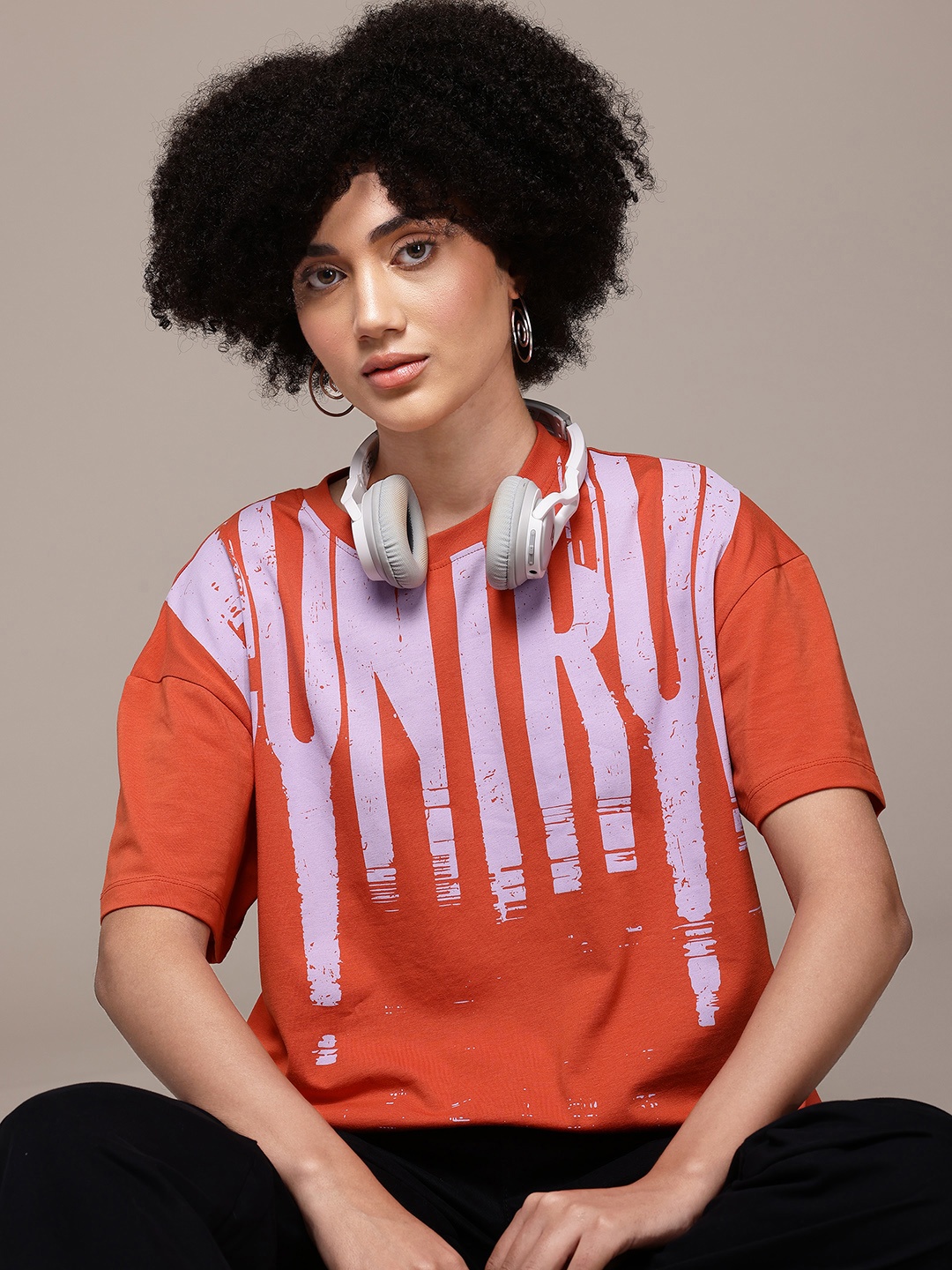 

The Roadster Lifestyle Co. Women Printed Pure Cotton Oversized T-shirt, Orange