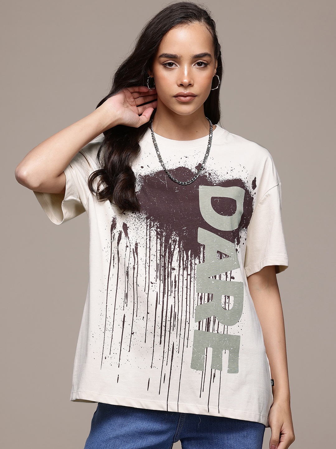 

The Roadster Lifestyle Co. Typography Print Oversized Pure Cotton T-shirt, Beige