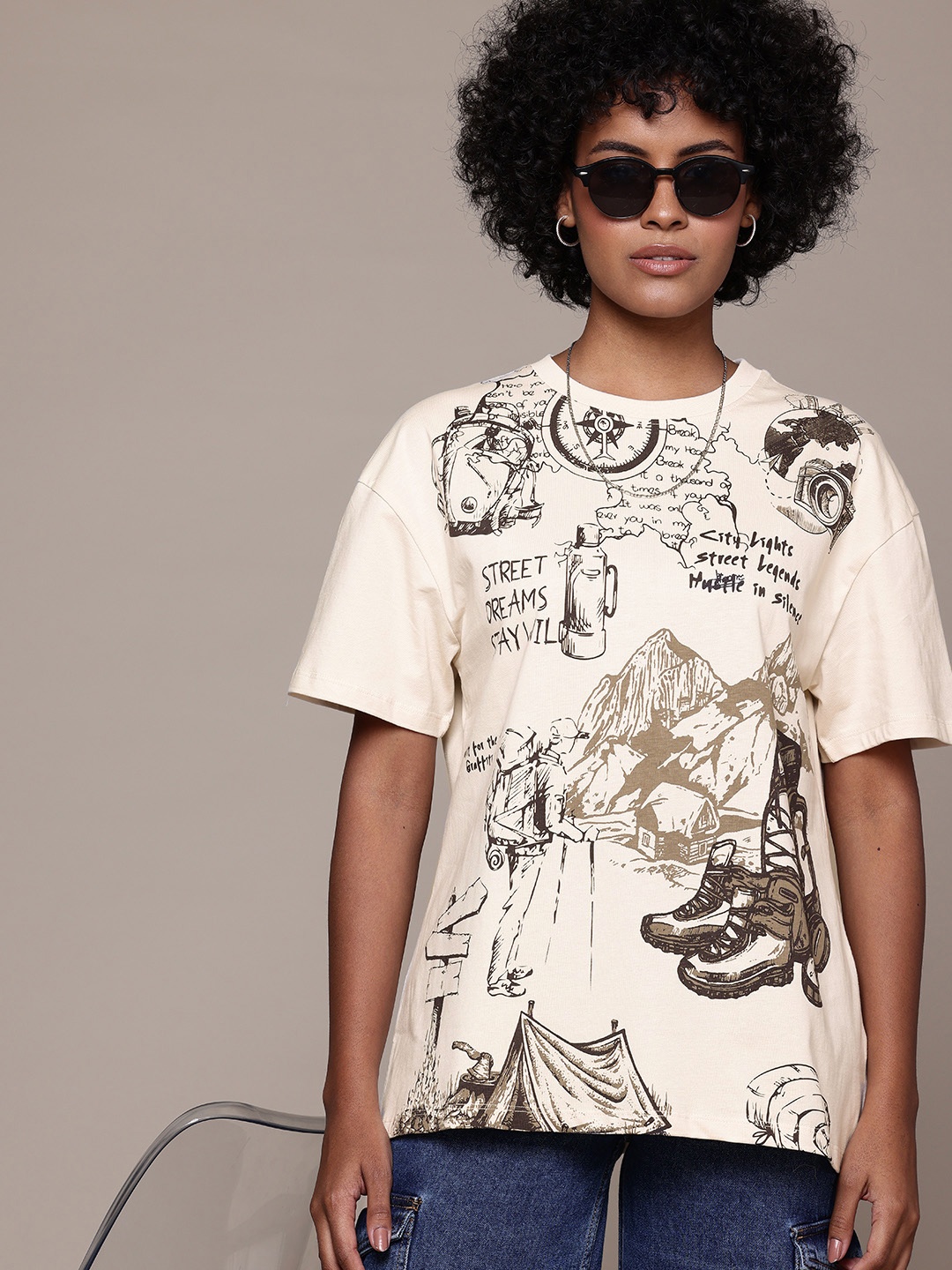 

The Roadster Lifestyle Co. Printed Drop-Shoulder Sleeves Pure Cotton T-shirt, Cream