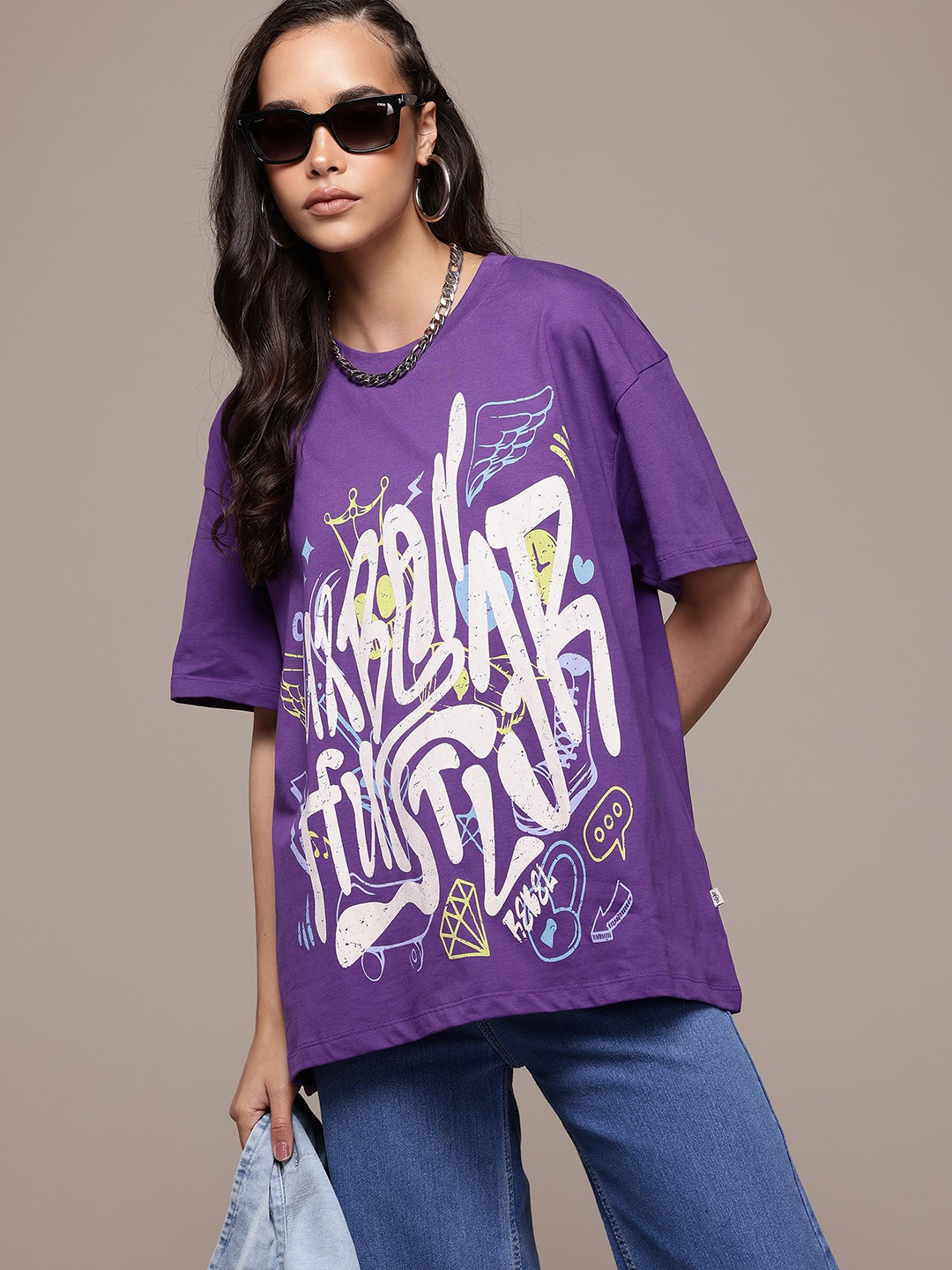 

The Roadster Lifestyle Co. Printed Oversized Pure Cotton T-shirt, Purple