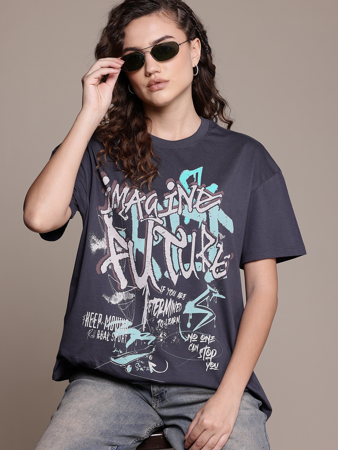 

The Roadster Lifestyle Co. Graphic Printed Oversized T-shirt, Charcoal