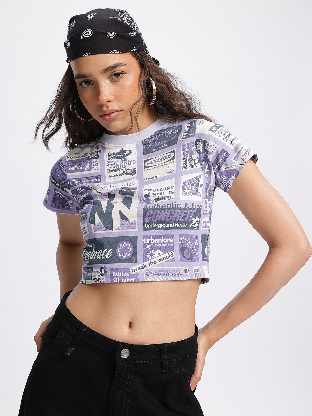

The Roadster Lifestyle Co. Urban Tales Graphic Print Crop T-shirt, Purple