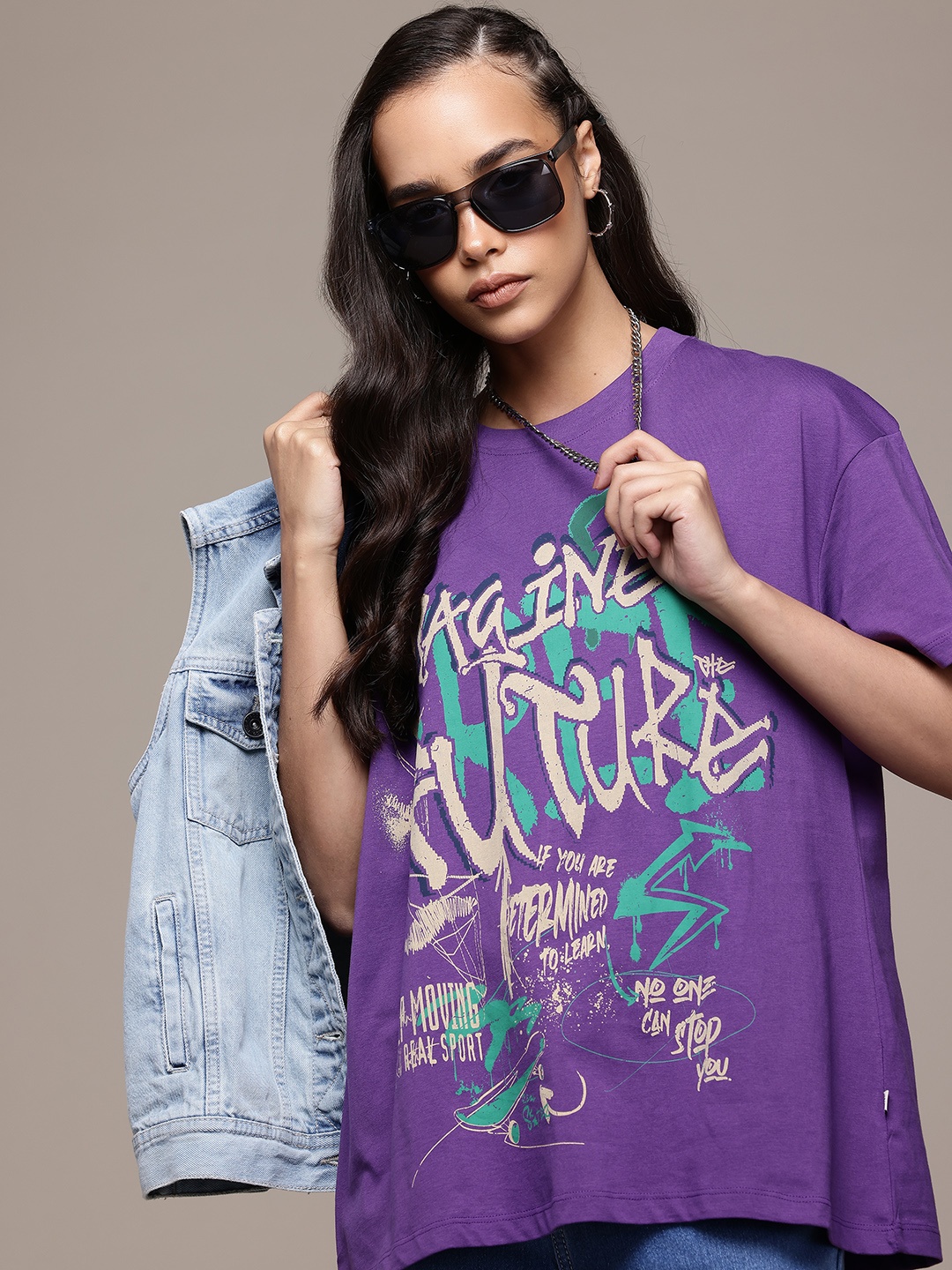 

The Roadster Lifestyle Co. Printed Oversized Pure Cotton T-shirt, Purple