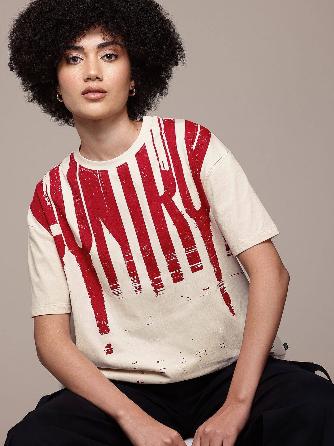 

The Roadster Lifestyle Co. Women Printed Pure Cotton Oversized T-shirt, Cream
