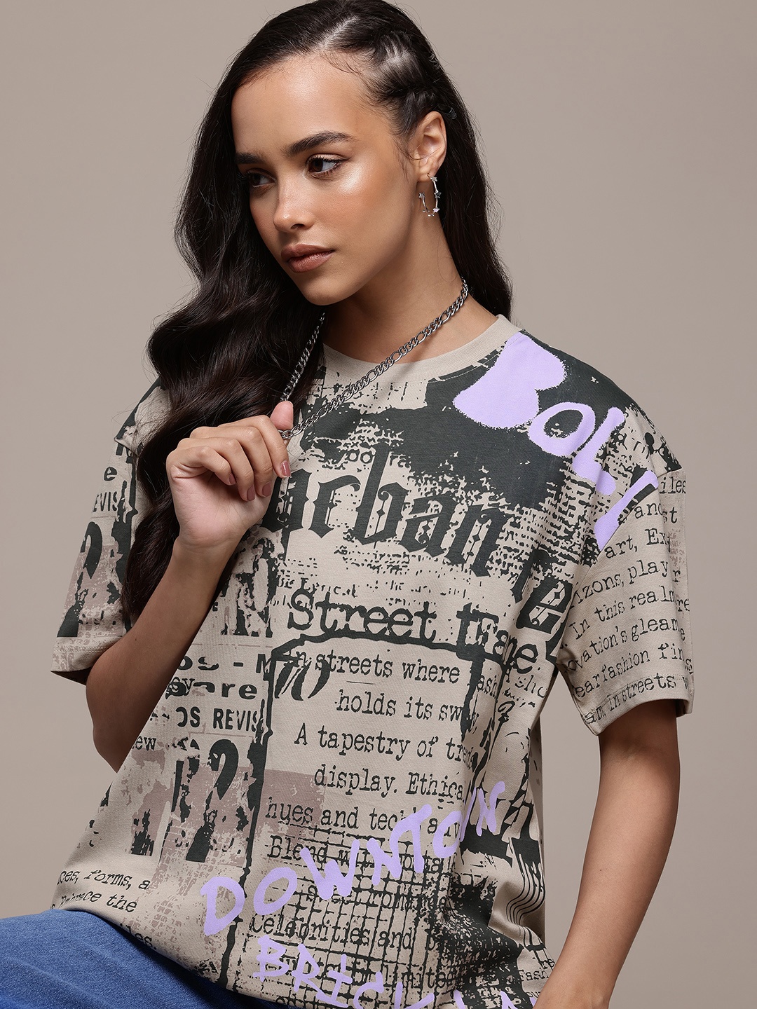 

The Roadster Lifestyle Co. Printed Oversized Pure Cotton T-shirt, Khaki