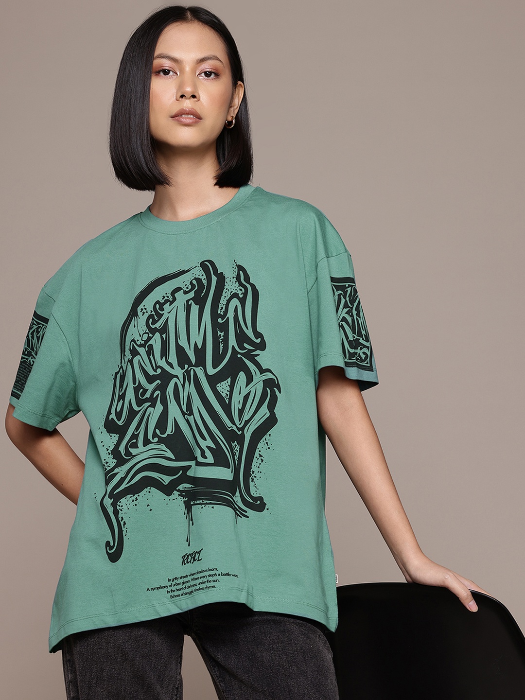 

The Roadster Lifestyle Co. Graphic Print Drop-Shoulder Sleeves Pure Cotton T-shirt, Green