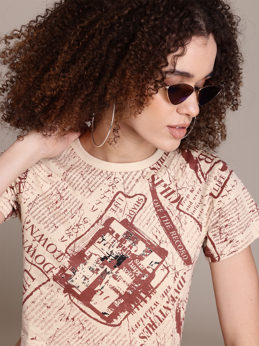 

The Roadster Lifestyle Co. Printed Tie-Up Waist Crop T-shirt, Beige