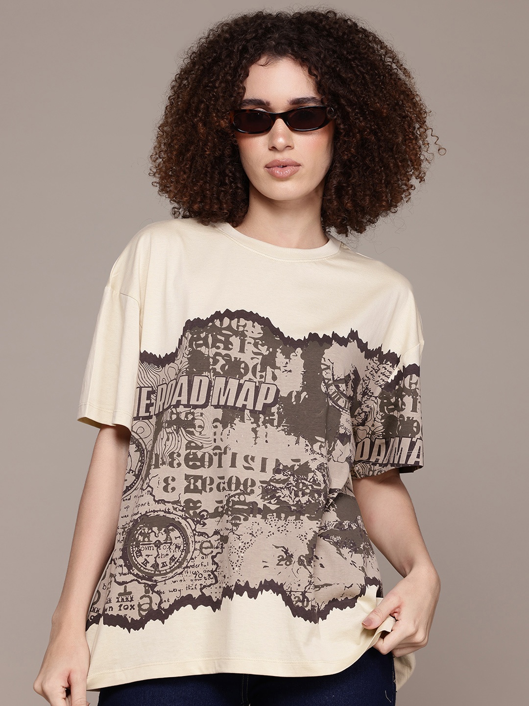 

Roadster Women Printed Drop-Shoulder Sleeves Pure Cotton T-shirt, Beige