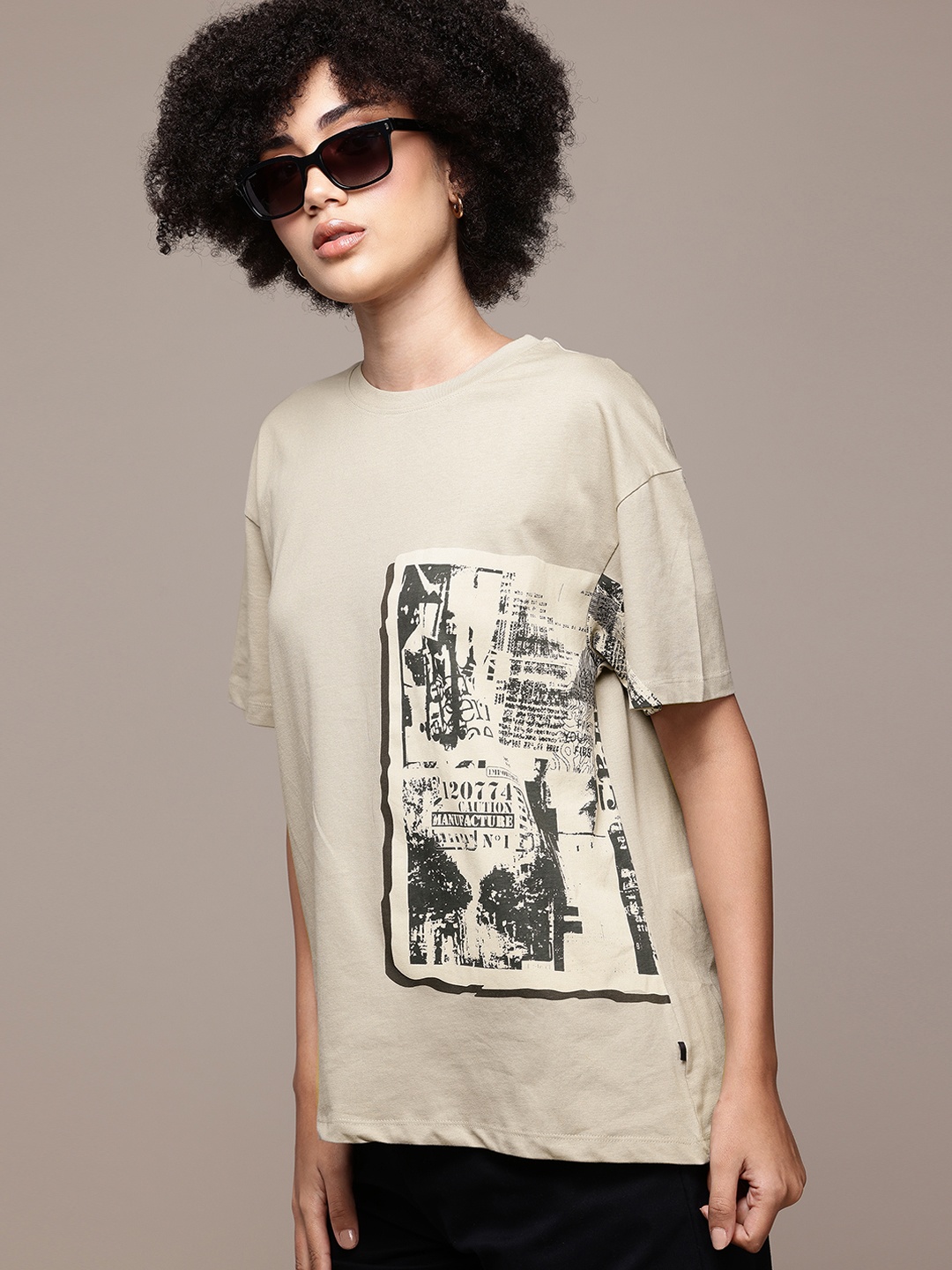 

The Roadster Lifestyle Co. Women Printed Pure Cotton Oversized T-shirt, Taupe