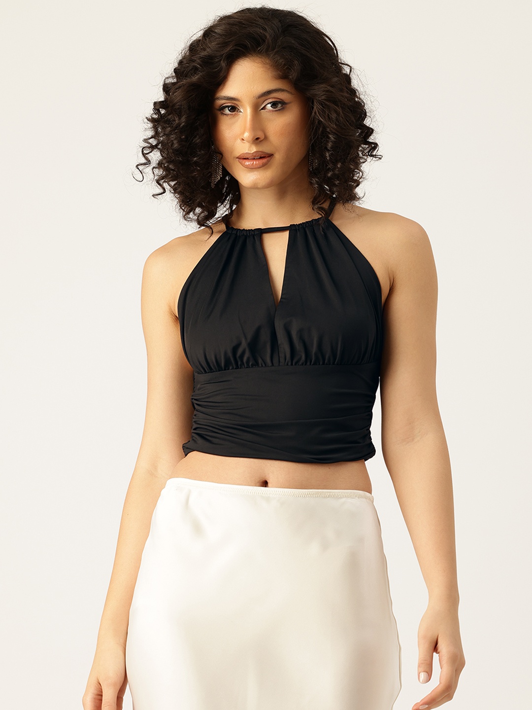 

bebe Future Glam Keyhole Neck Backless Crop Top, Black