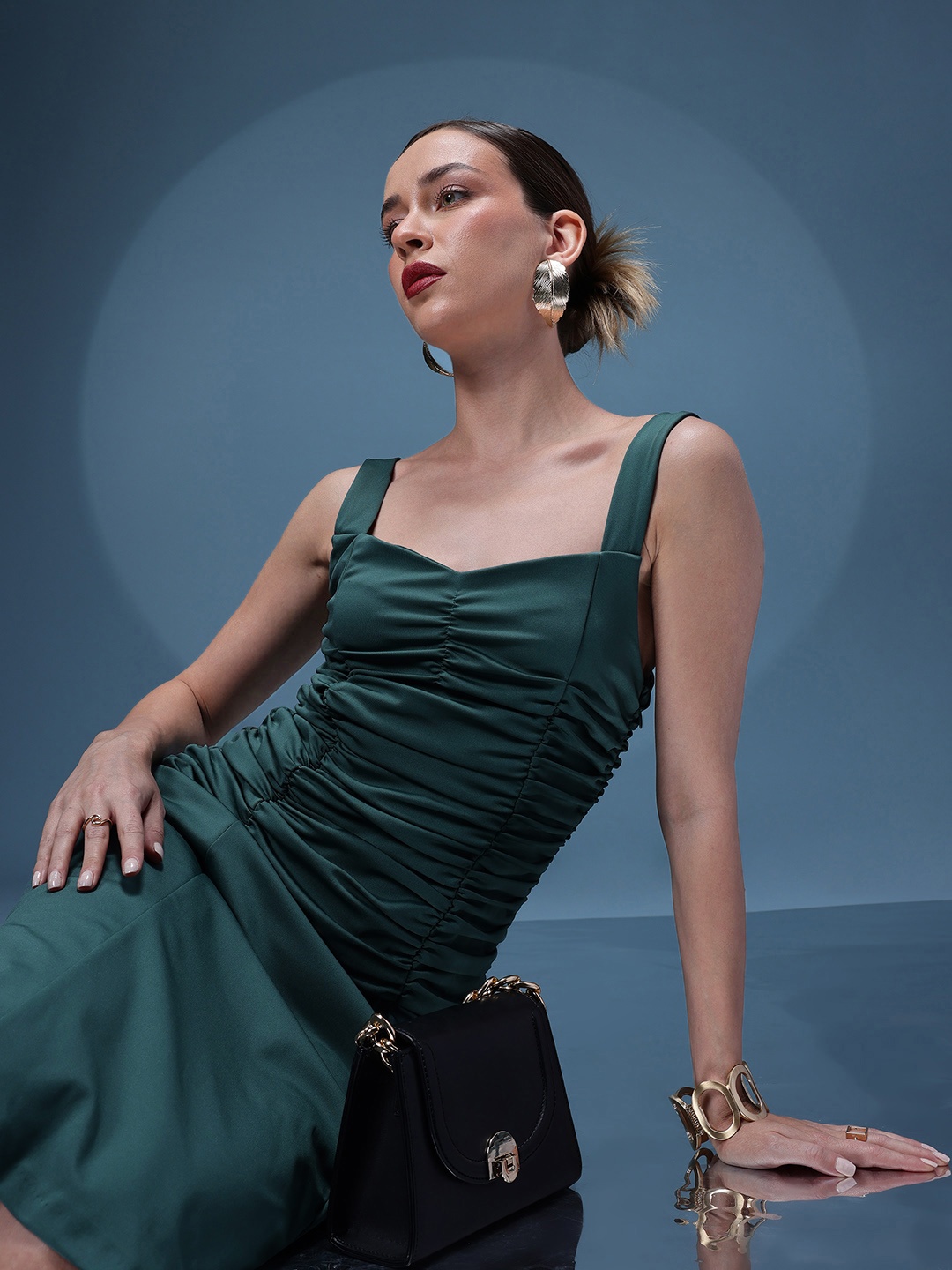 

bebe Future Glam Ruched A-Line Dress, Green