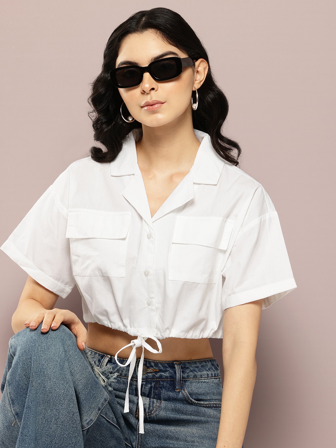 

Kook N Keech Extended Sleeves Cotton Shirt Style Crop Top, White