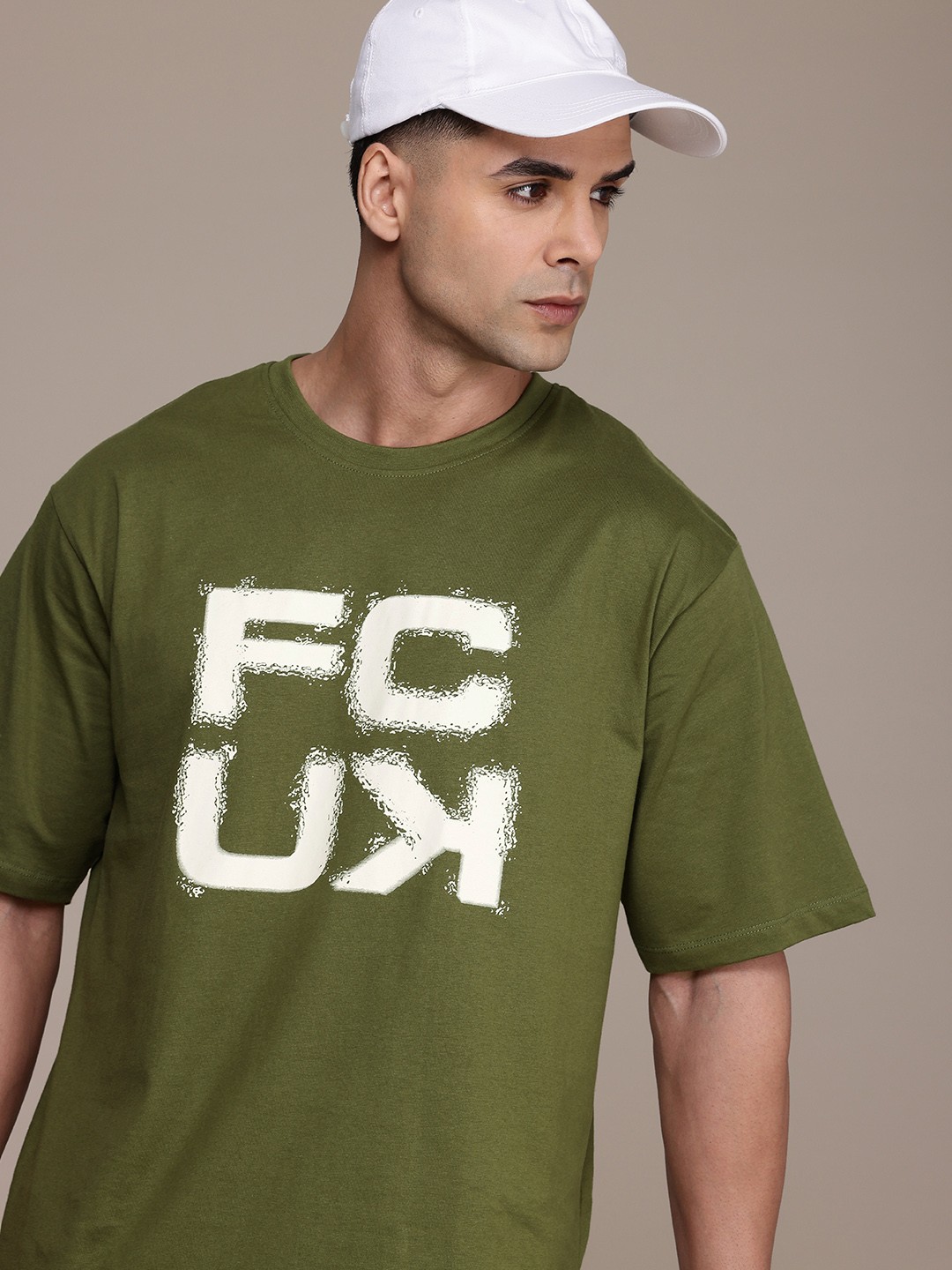 

FCUK Brand Logo Printed Drop-Shoulder Sleeves Relaxed Fit Pure Cotton T-shirt, Olive