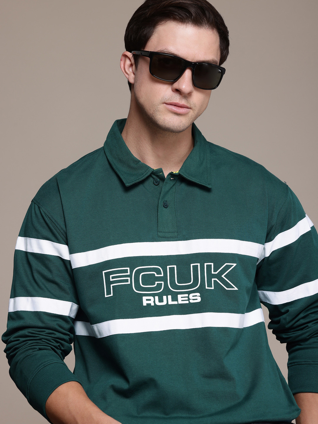 

FCUK Brand Logo Printed Polo Collar Drop-Shoulder Sleeves Relaxed Fit Pure Cotton T-shirt, Green