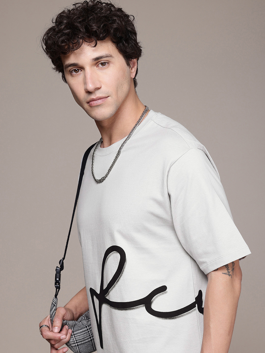 

FCUK Brand Logo Printed Drop-Shoulder Sleeves Relaxed Fit Pure Cotton T-shirt, Grey