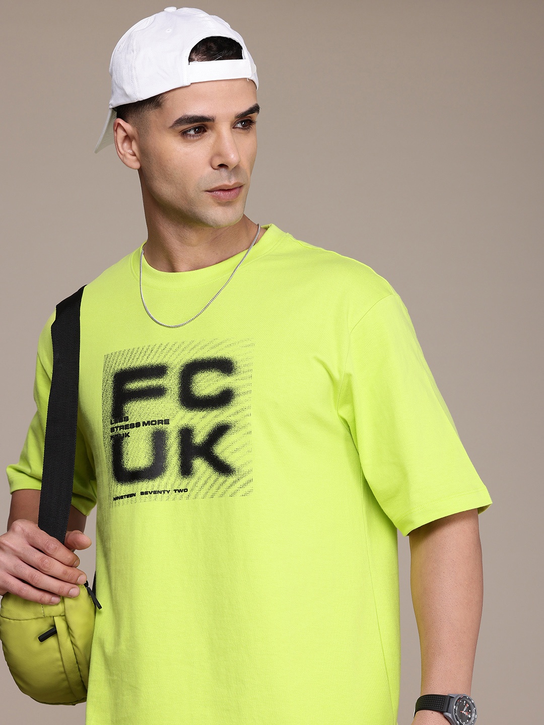 

FCUK Brand Logo Printed Drop-Shoulder Sleeves Relaxed Fit Pure Cotton T-shirt, Green