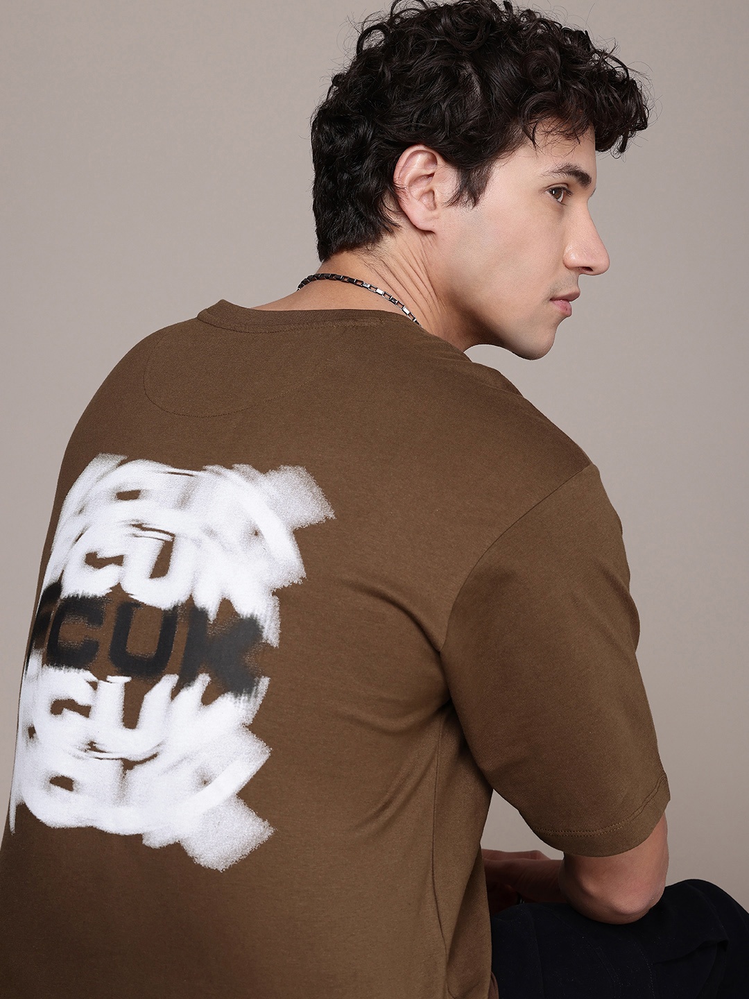 

FCUK Brand Logo Printed Drop-Shoulder Sleeves Relaxed Fit Pure Cotton T-shirt, Brown