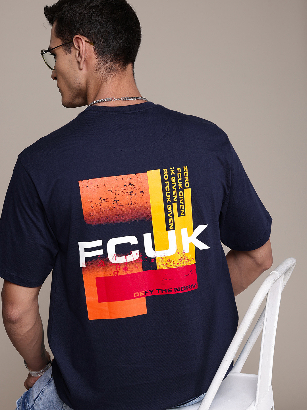 

FCUK Pure Cotton Brand Logo Printed Relaxed Fit T-shirt, Navy blue