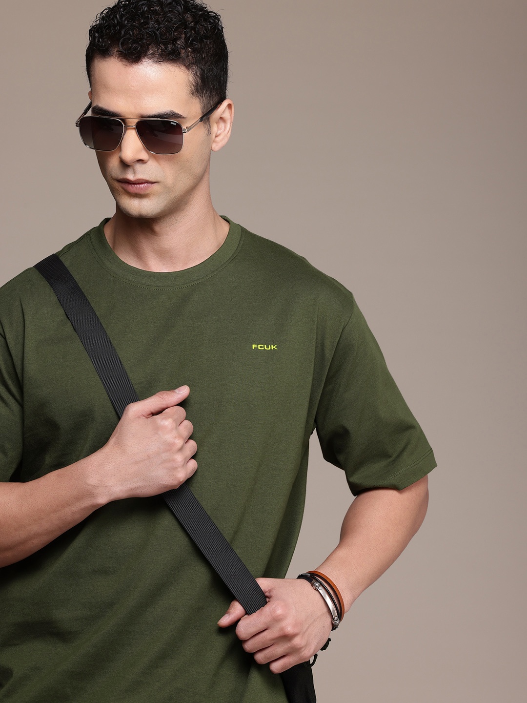 

FCUK Drop-Shoulder Sleeves Relaxed Fit Pure Cotton T-shirt, Olive