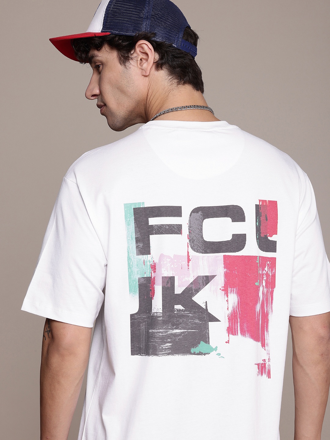 

FCUK Brand Logo Printed Drop-Shoulder Sleeves Relaxed Fit Pure Cotton T-shirt, White