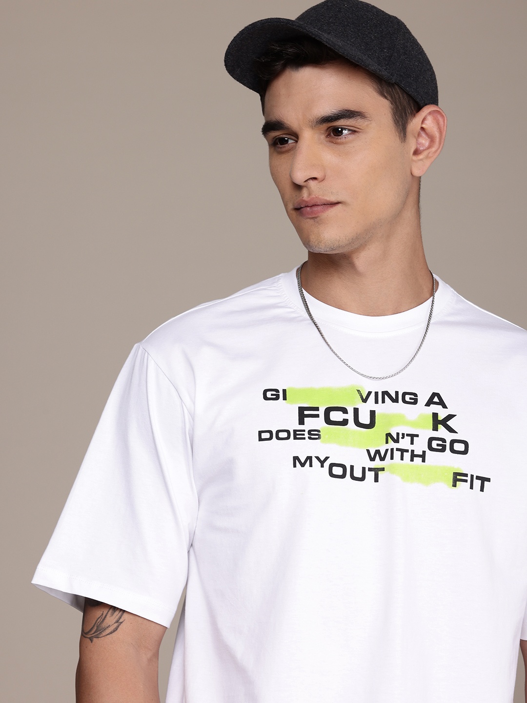 

FCUK Brand Logo Printed Drop-Shoulder Sleeves Relaxed Fit Pure Cotton T-shirt, White