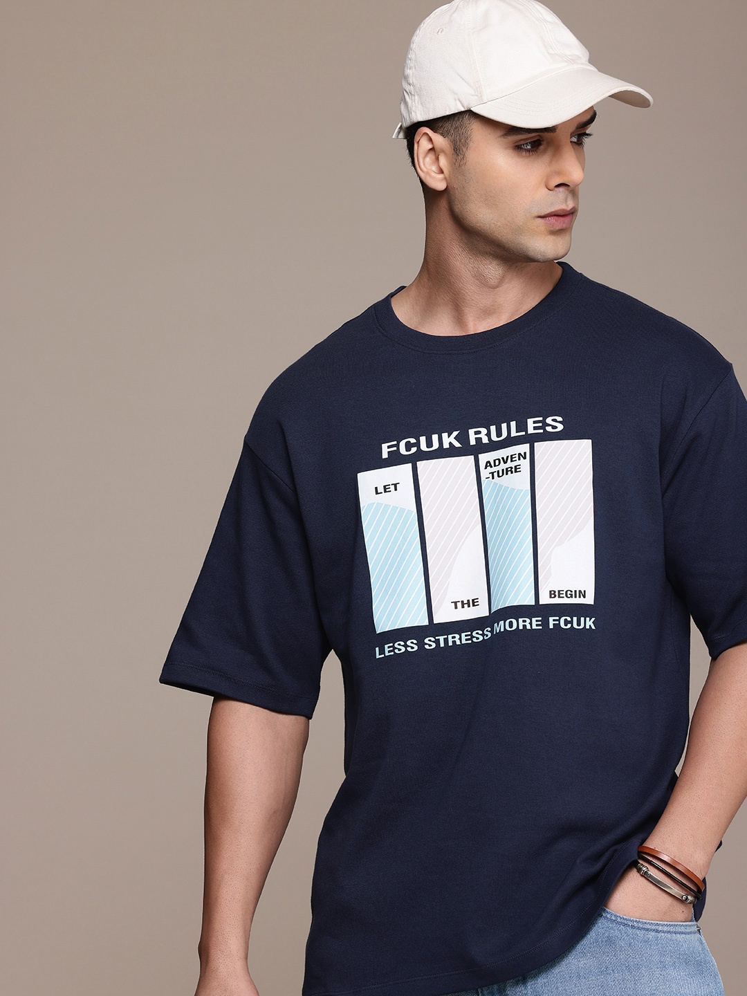 

FCUK Printed Drop-Shoulder Sleeves Pure Cotton Relaxed Fit T-shirt, Navy blue
